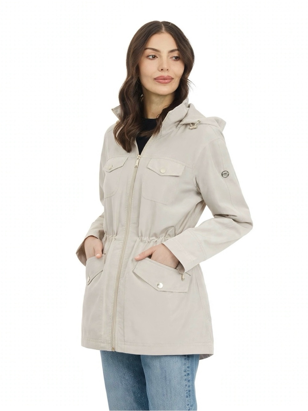 Michael Kors Women's Hooded Anorak Rain Jacket Gold MK Logo Size M